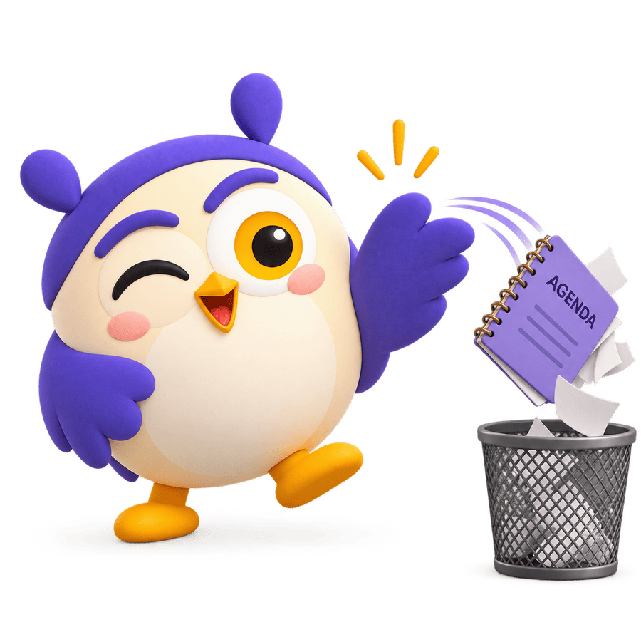 Corujita jogando a agenda de papel no lixo