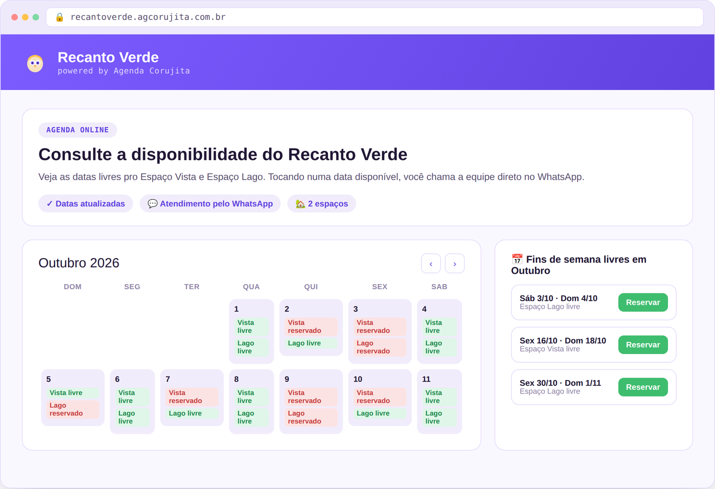 Tela pública de disponibilidade, vista pelo cliente do espaço